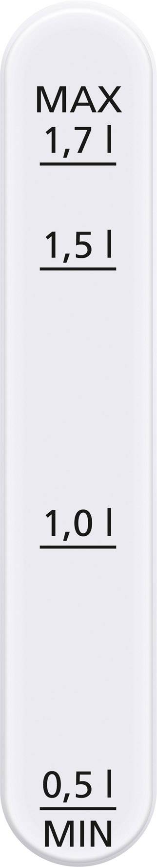 Skala pomiarowa z czterema oznaczeniami: 'MAX 1,7 l', '1,5 l', '1,0 l', '0,5 l MIN'. Wskazuje ona ilości płynu w litrach.
