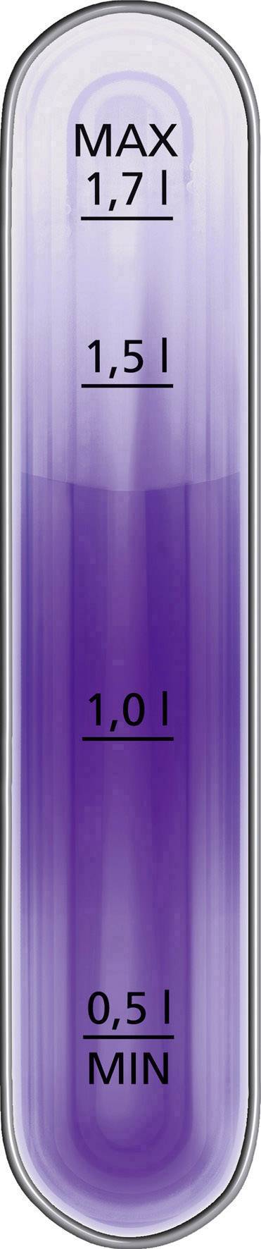 Cylinder pomiarowy z fioletowym płynem, oznaczony na 0,5 l, 1,0 l, 1,5 l oraz maksimum 1,7 l.