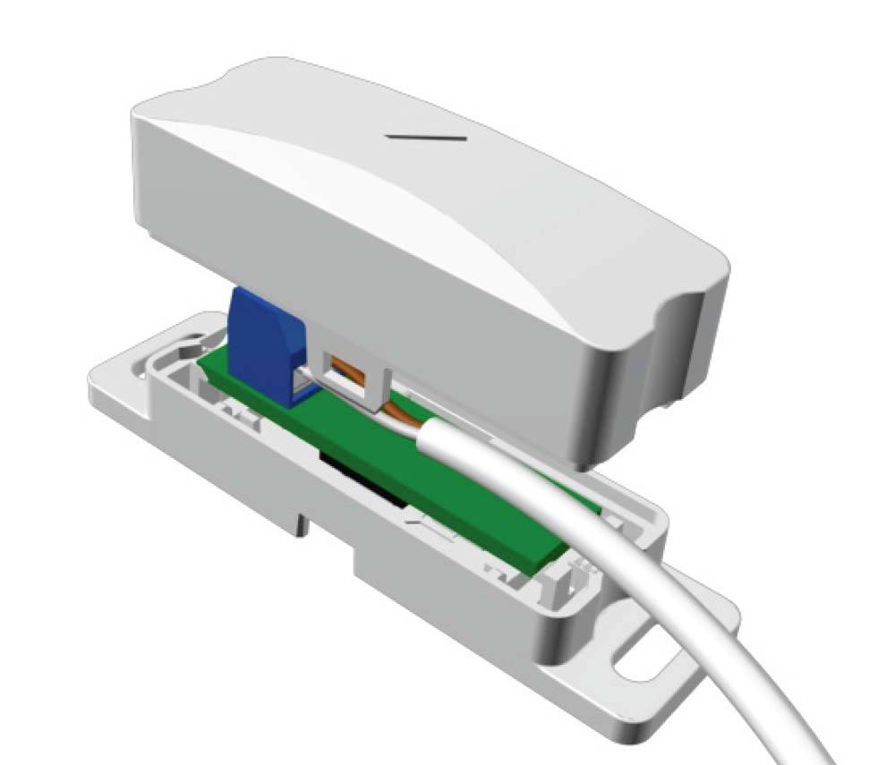 Otwarta zaciskarka przewodów ukazuje wewnętrzną zieloną płytkę drukowaną z niebieskimi i białymi przewodami.