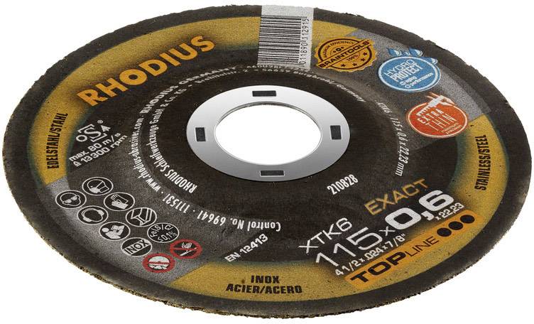 Tarcza ścierna Rhodius. Nadruk wskazuje specyfikacje: 115x0,6 mm, odpowiednia do stali nierdzewnej. Posiada różne certyfikaty jakości i bezpieczeństwa.