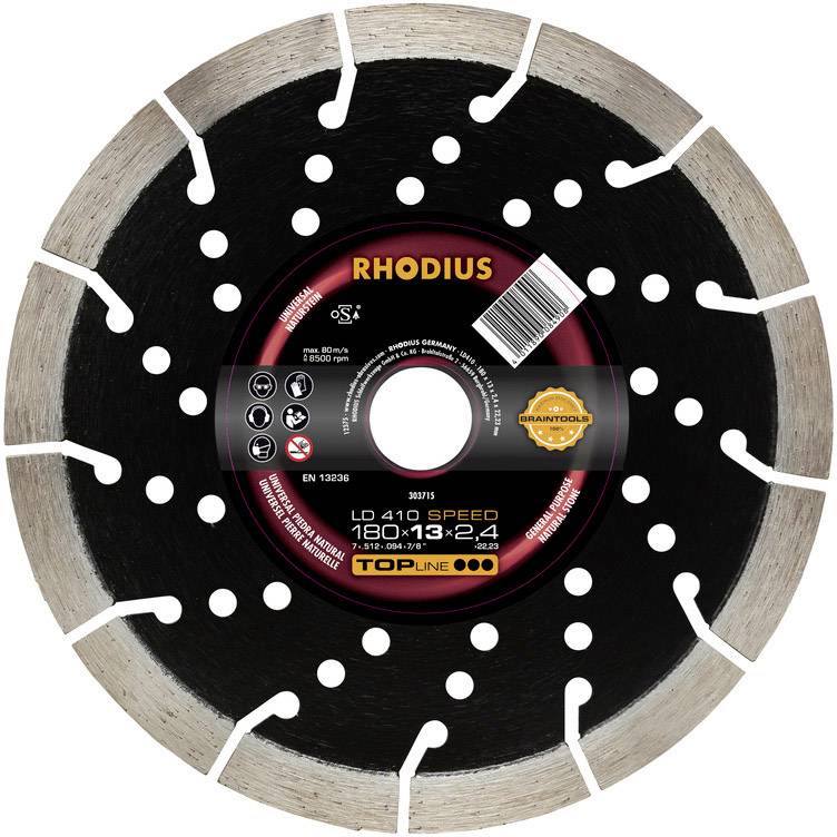 Tarcza diamentowa 'RHODIUS', 180 mm. Odpowiednia do betonu, granitu i innych materiałów. Zawiera symbole informujące o środkach bezpieczeństwa.