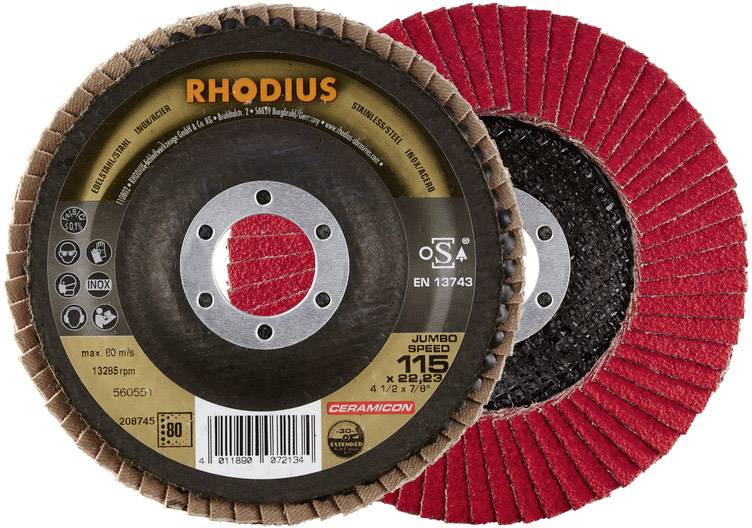 Dwie tarcze szlifierskie marki Rhodius w kolorze rdzawobrązowym i czerwonym, odpowiednie do obróbki metalu i stali nierdzewnej, model Jumbo Speed.