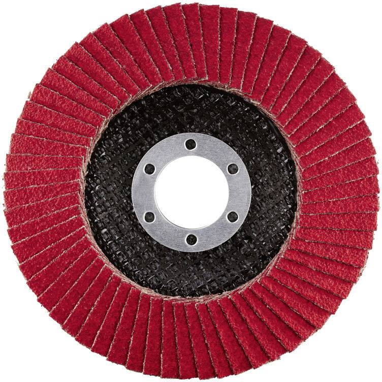 Czerwona tarcza szlifierska z okrągłymi lamelkami i centralnym otworem metalowym, używana do szlifowania i polerowania.