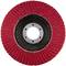 Czerwona tarcza szlifierska z okrągłymi lamelkami i centralnym otworem metalowym, używana do szlifowania i polerowania.