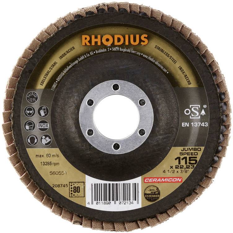 Tarcza ścierna Rhodius z elementami ceramicznymi do stali nierdzewnej i stali, średnica 115 mm, maksymalna prędkość obrotowa 80 m/s, certyfikowana zgodnie z normą EN 13743.