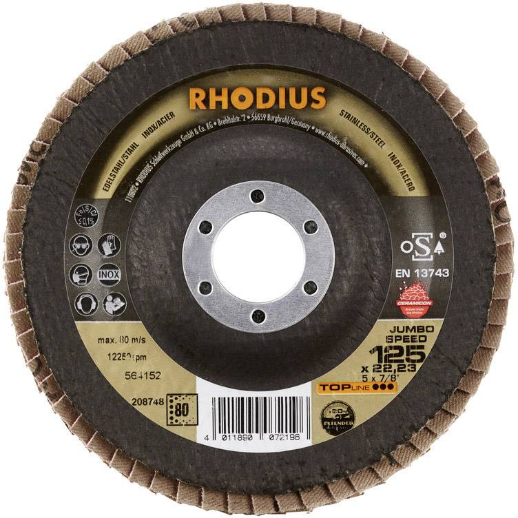 Tarcza szlifierska z napisem 'RHODIUS'. Średnica 125 mm, maksymalna prędkość obrotowa 12.200 obr./min. Odpowiednia do stali nierdzewnej.