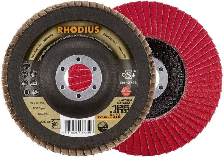 Podwójna tarcza szlifierska marki Rhodius, powierzchnia pokryta na rotbrązowo i czerwono żłobkowana. Do obróbki metalu.
