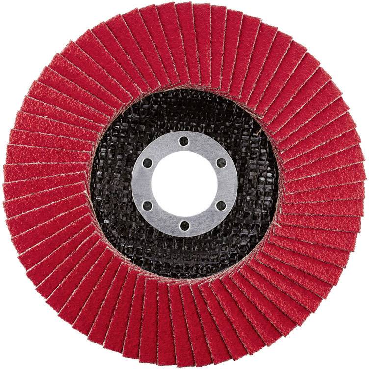 Czerwona tarcza szlifierska z promieniowo ułożonymi lamelkami do szlifierki kątowej.