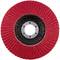 Czerwona tarcza szlifierska z promieniowo ułożonymi lamelkami do szlifierki kątowej.