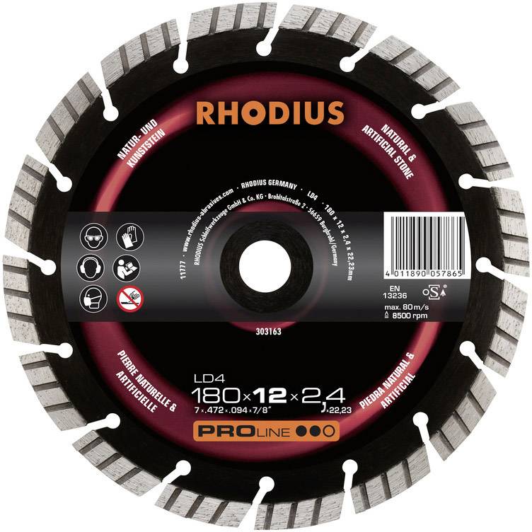 Tarcza piły 'RHODIUS', średnica 180 mm, do kamienia naturalnego i sztucznego. Czarno-czerwone wzornictwo, specyfikacje techniczne.