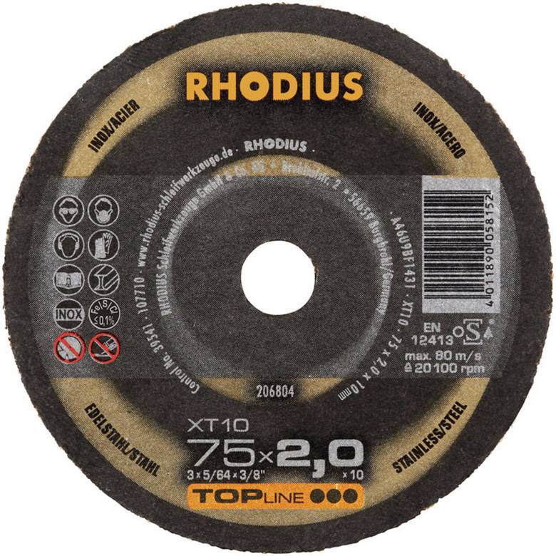 Tarcza szlifierska z napisem: 'RHODIUS Topline', średnica 75 mm, grubość 2,0 mm, odpowiednia do stali nierdzewnej, maks. 20100 obr./min.