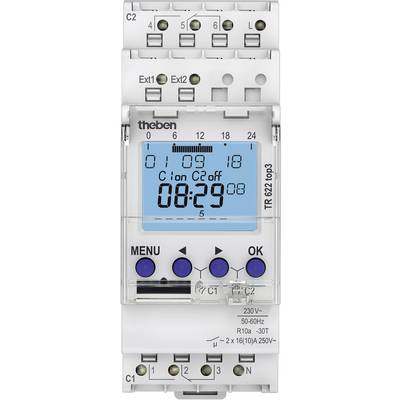 Elektroniczny zegar sterujący z wyświetlaczem cyfrowym, pokazujący czas i tryby pracy. Widoczne są przyciski do wyboru menu i potwierdzania.