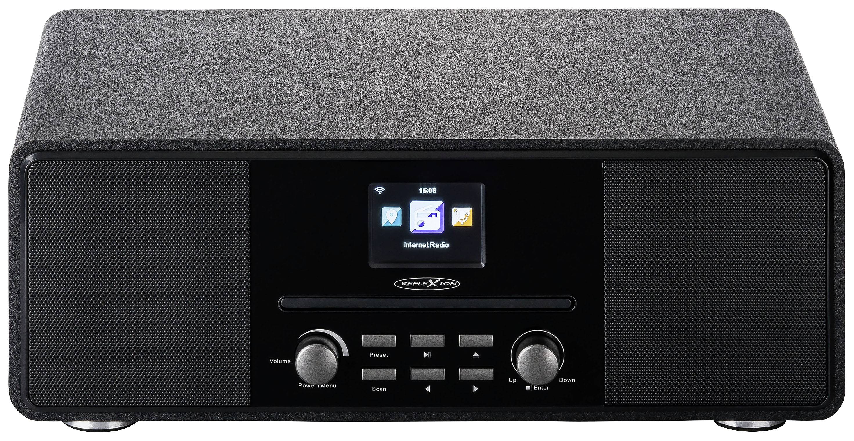 Czarne internetowe radio z ekranem i elementami sterującymi z przodu, otoczone głośnikami po lewej i prawej stronie.