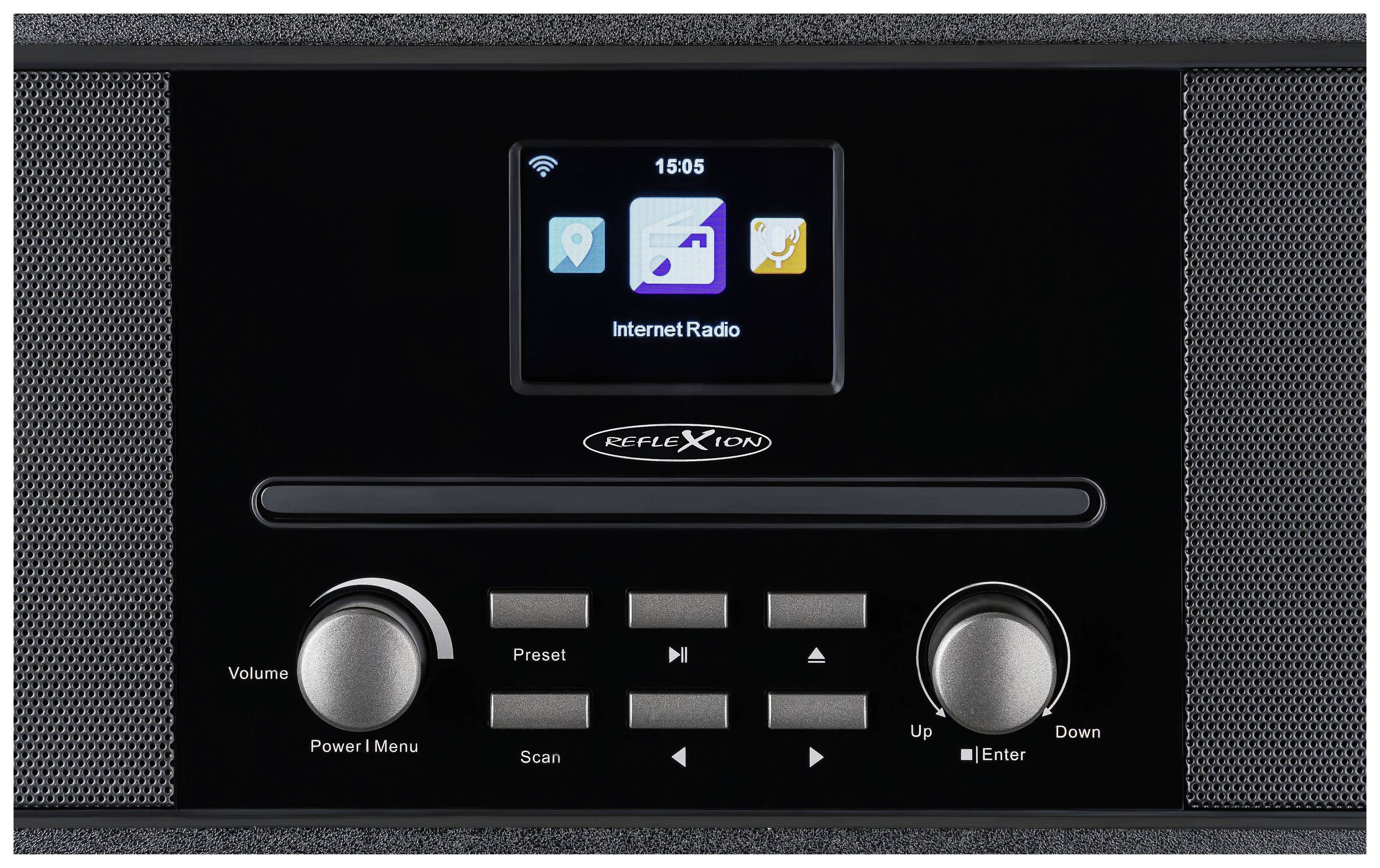 Nowoczesne radio z dwoma głośnikami, wyświetlacz pokazuje 'Radio internetowe'. Obrotowy pokrętło do regulacji głośności i ustawień, przyciski do wyboru stacji.