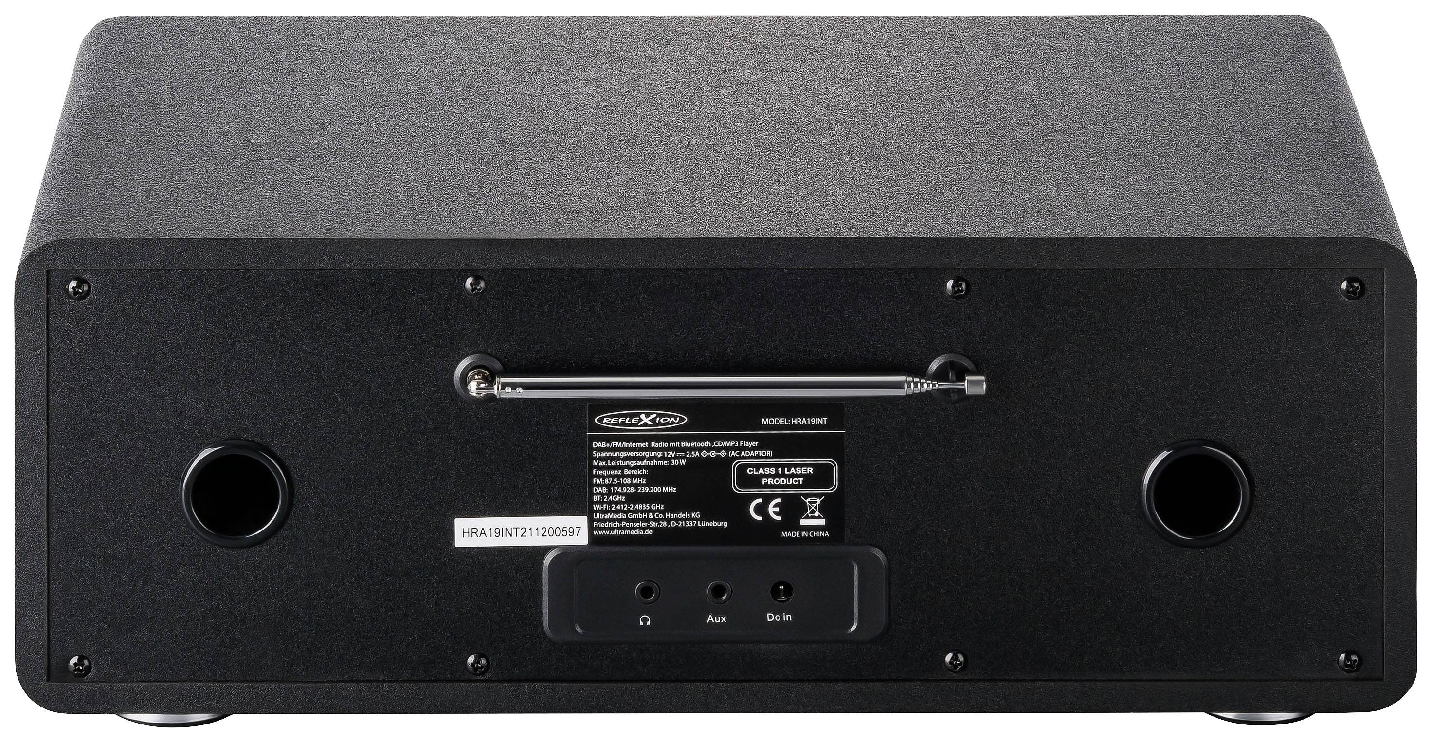 Tył głośnika z przyłączami: zasilanie, wejście aux, parowanie Bluetooth. Logo marki pośrodku.