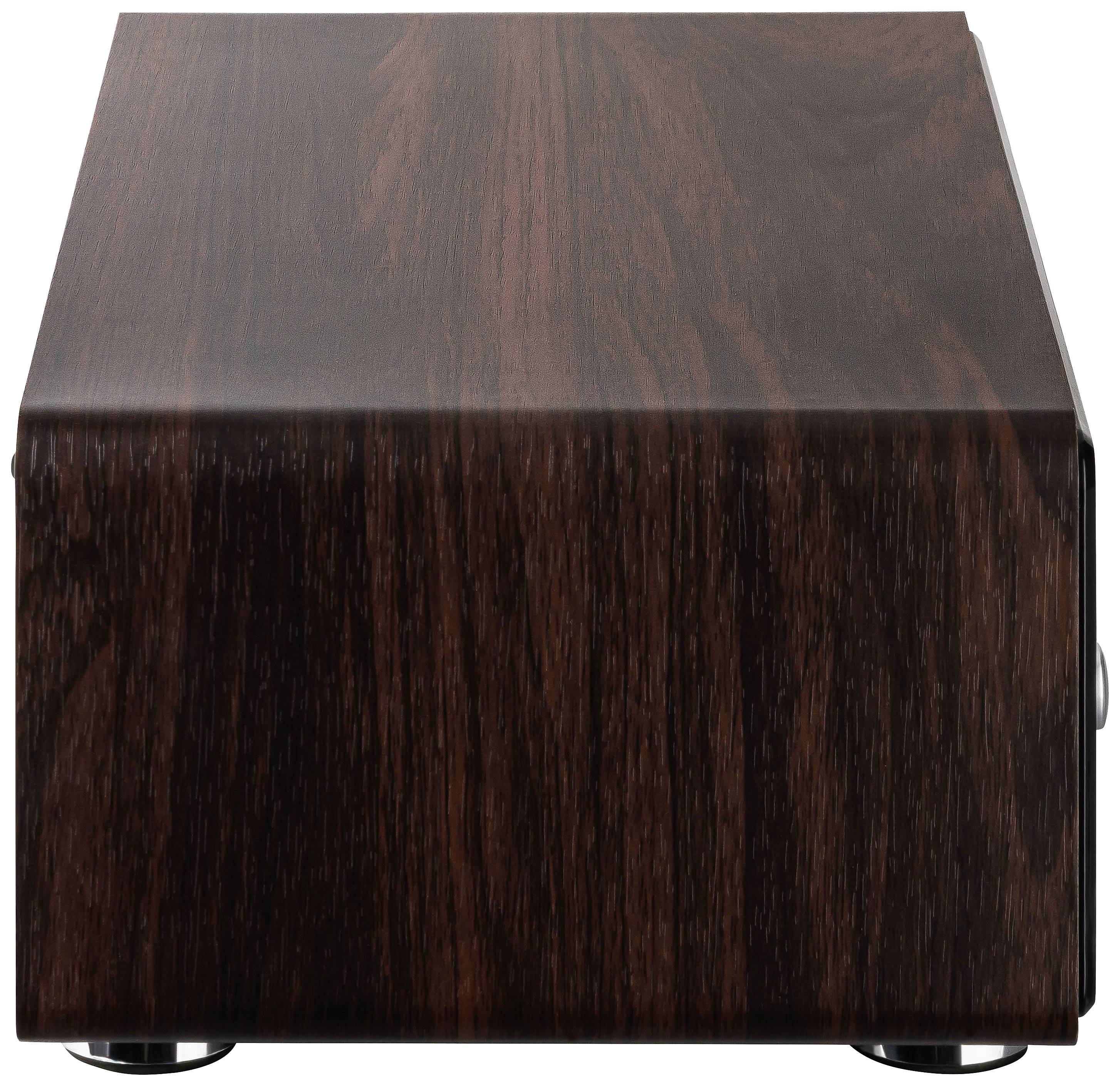 Prostokątne drewniane pudełko z ciemnym fornirem, ustawione na boku.