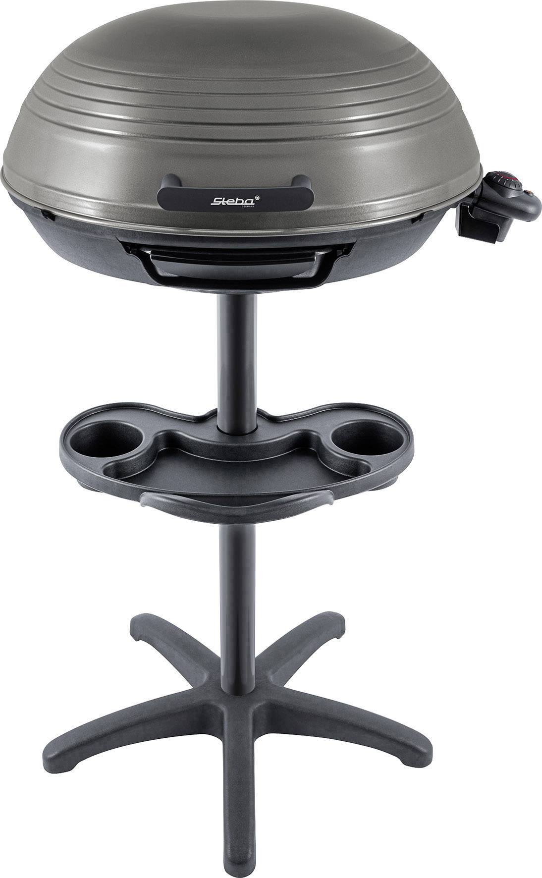 Elektryczny grill na stojaku z dwoma półkami, idealny do użytku w ogrodzie lub na balkonie.