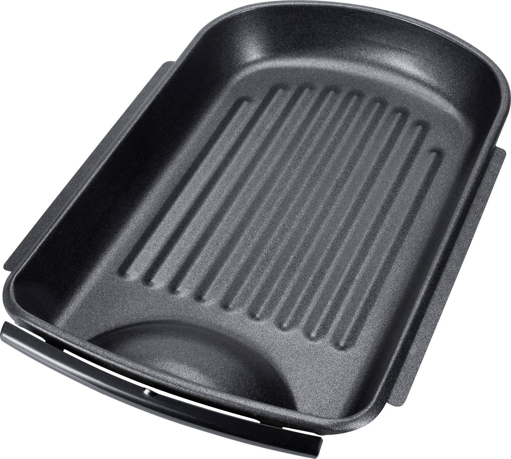 Czarna, prostokątna patelnia grillowa z ryflowanym dnem i dwoma uchwytami, idealna do grillowania mięsa i warzyw.