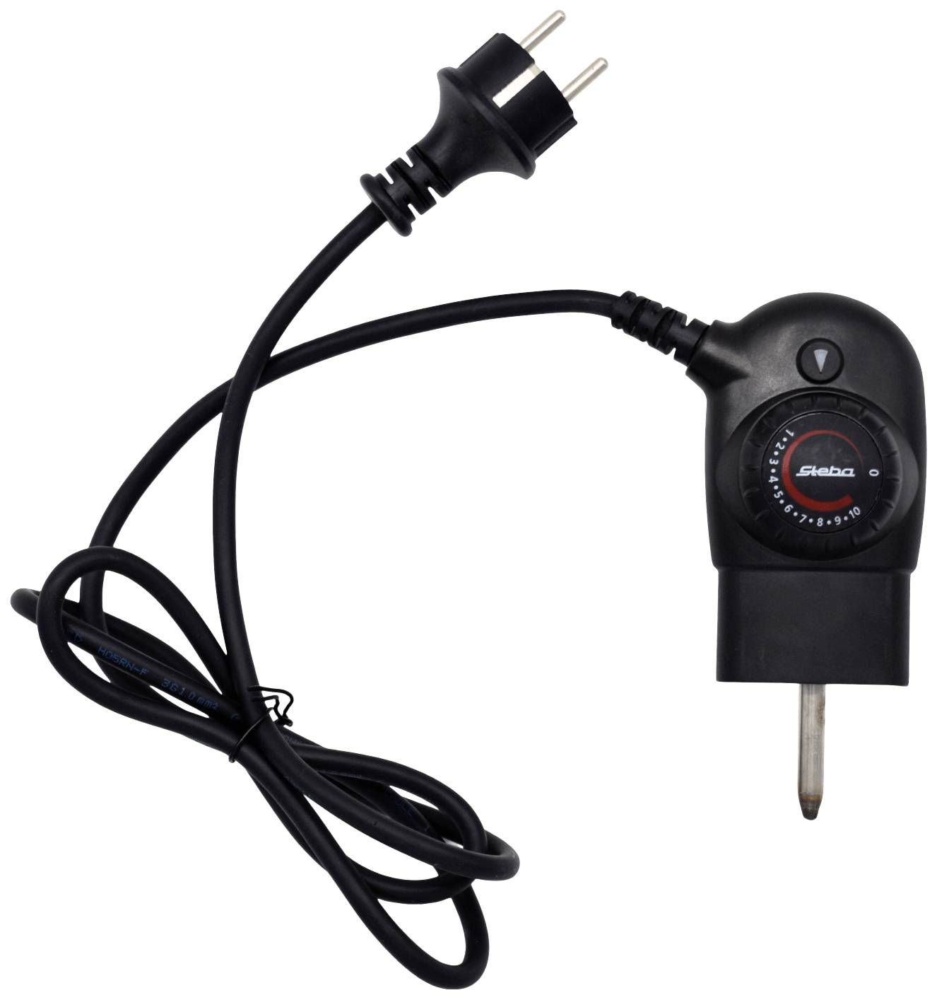 Czarny elektryczny grzejnik z wtyczką, regulatorem temperatury i przewodem zasilającym. Odpowiedni do ogrzewania w akwariach lub terrariach.