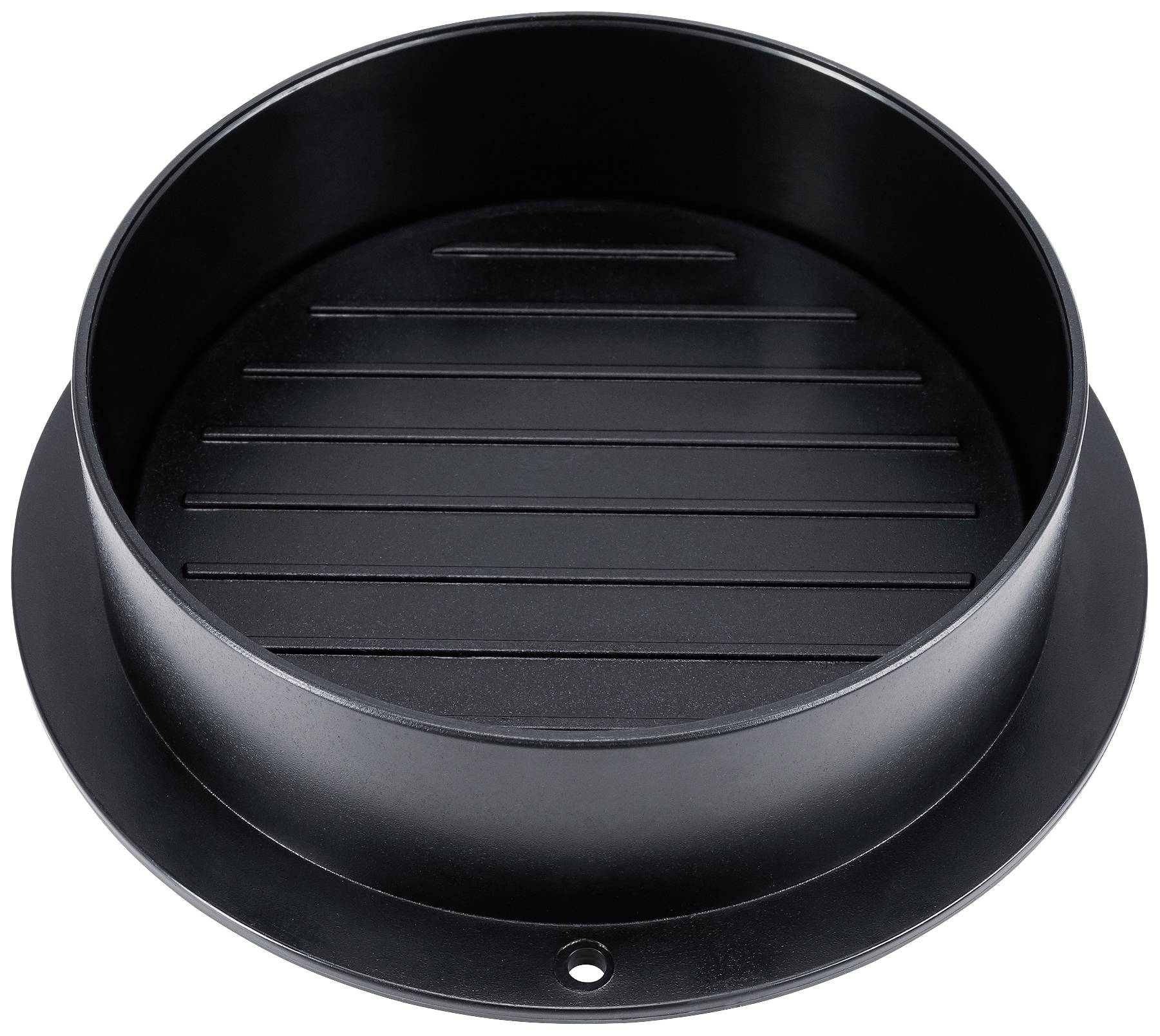 Okrągła, czarna patelnia grillowa z rowkami, idealna do smażenia mięsa lub warzyw.