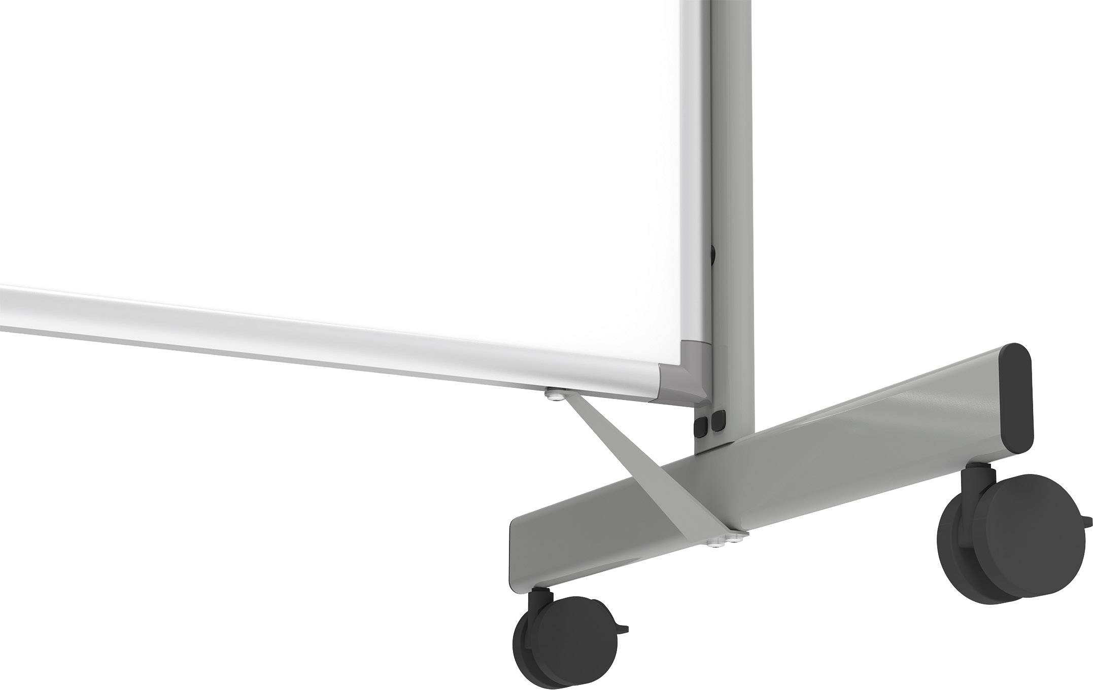 Fragment nowoczesnej tablicy na kółkach, przedstawiający dolną krawędź tablicy oraz zamocowaną mobilną podporę.