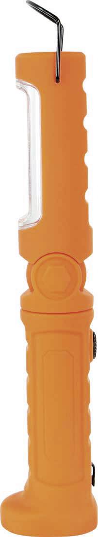 Pomarańczowa lampa ręczna z hakiem u góry, odpowiednia do bezobsługowego oświetlenia. Prostokątna powierzchnia świecąca z boku.