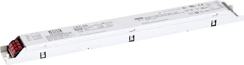 Prostokątny sterownik LED z parametrami technicznymi na powierzchni, używany do zasilania opraw oświetleniowych LED.