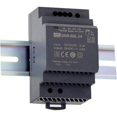 Zasilacz na szynę DIN, model 'DDR-60L-24'. Wejście: 18-75VDC, wyjście: 24VDC, 2,5A. Czarna obudowa z detalami tekstowymi.