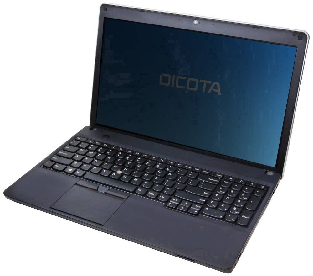 Czarny laptop z podświetlaną klawiaturą. Na ekranie widnieje napis 'DICOTA'. Urządzenie jest lekko pochylone.