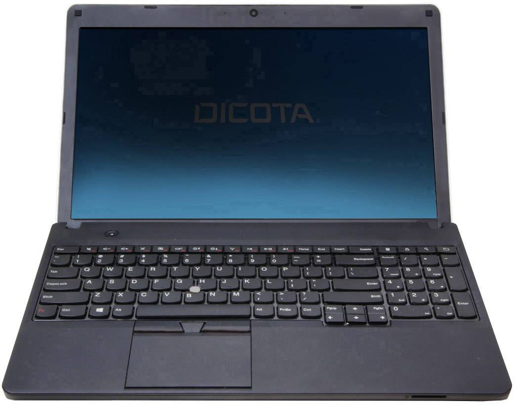 Czarny laptop z napisem 'Dicota' na ekranie. Widoczna klawiatura i touchpad.