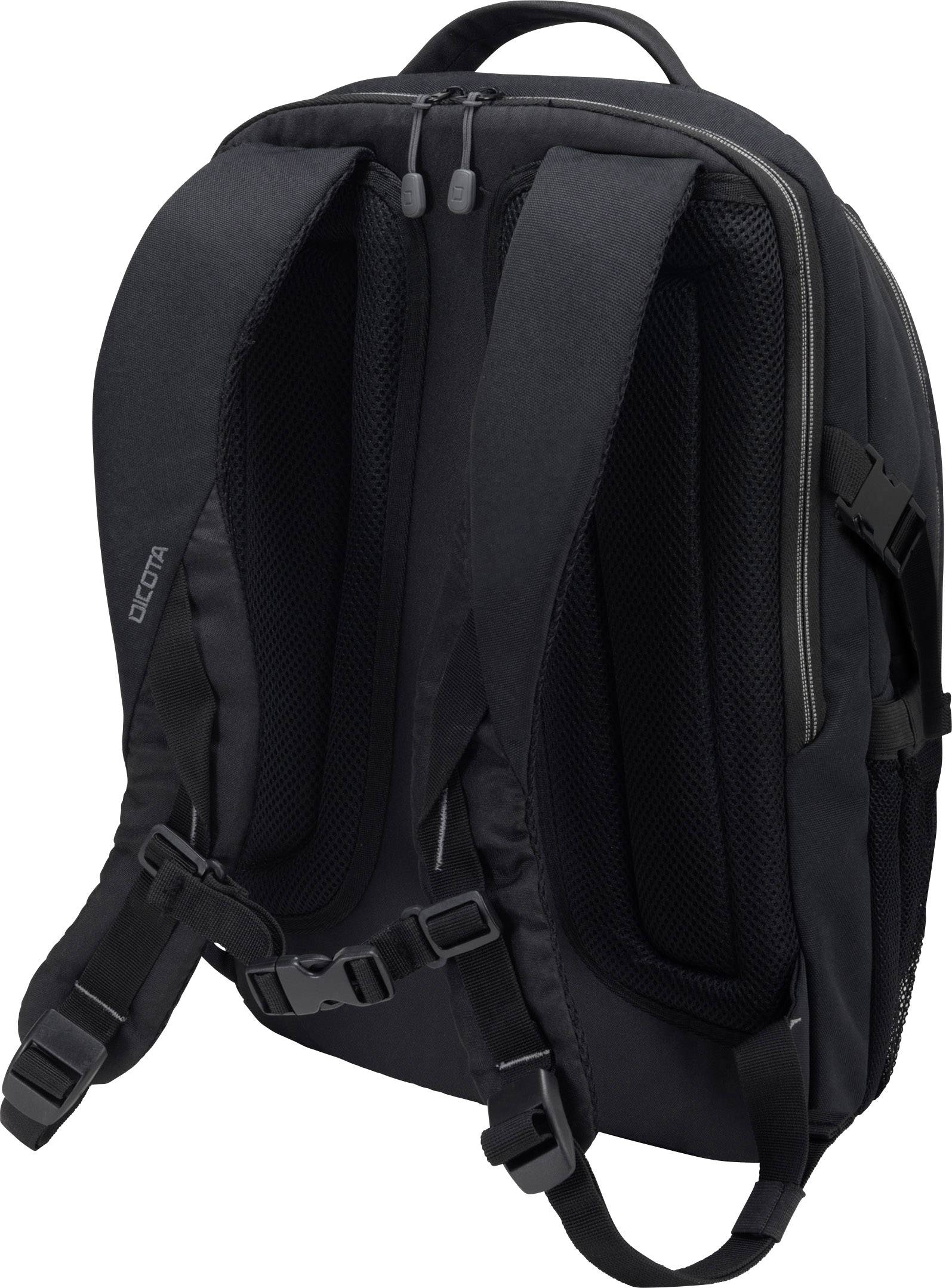 Czarny plecak wykonany z tkaniny, wyposażony w wyściełane, regulowane paski na ramiona oraz boczne klamry. Idealny do codziennego użytku.