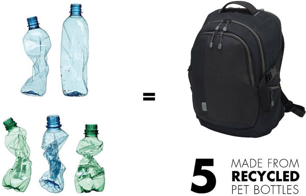 Plecak wykonany z pięciu poddanych recyklingowi butelek PET. Po lewej stronie widać zgniecione butelki; po prawej czarny plecak.