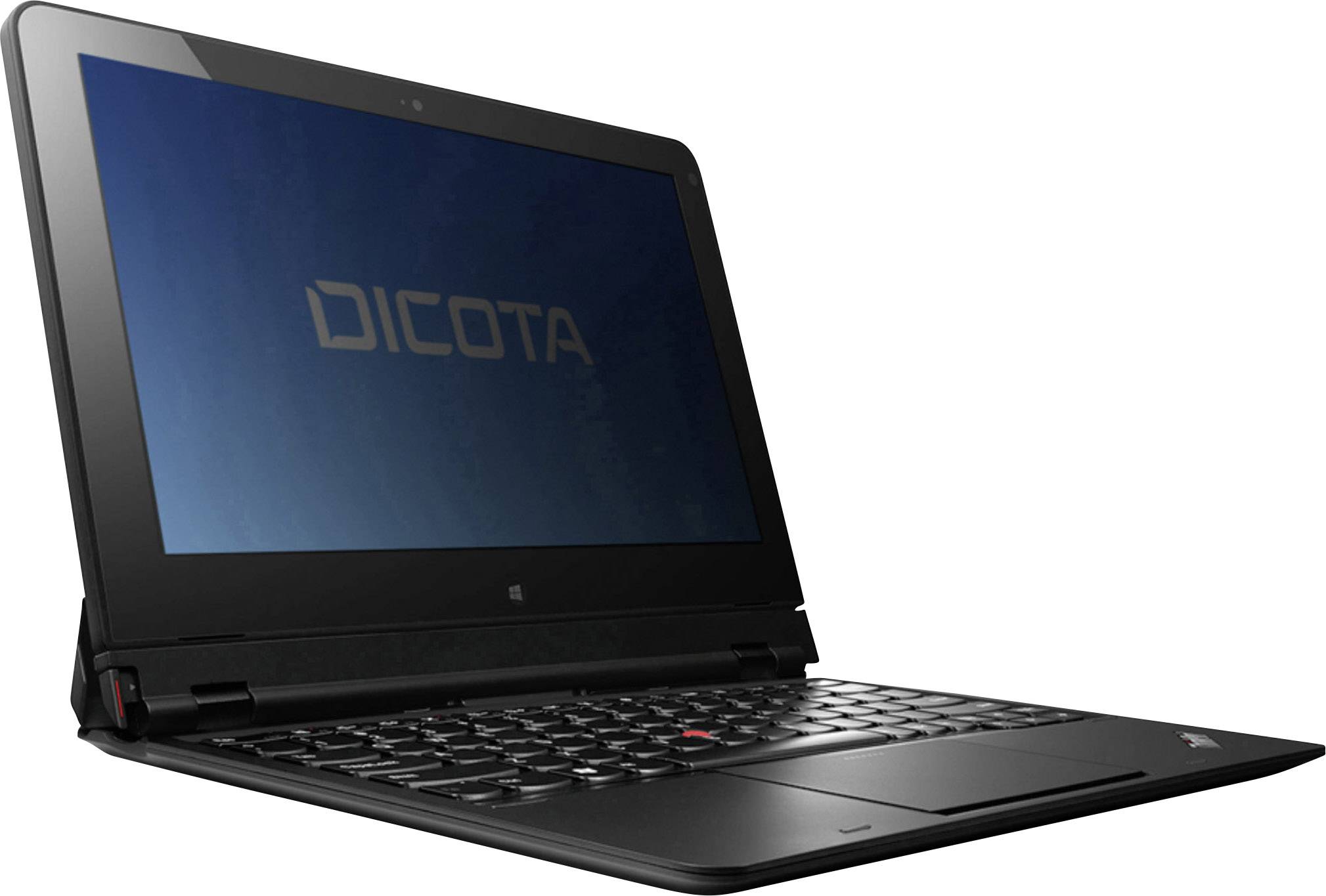 Czarny laptop z logo 'DICOTA' na ekranie.