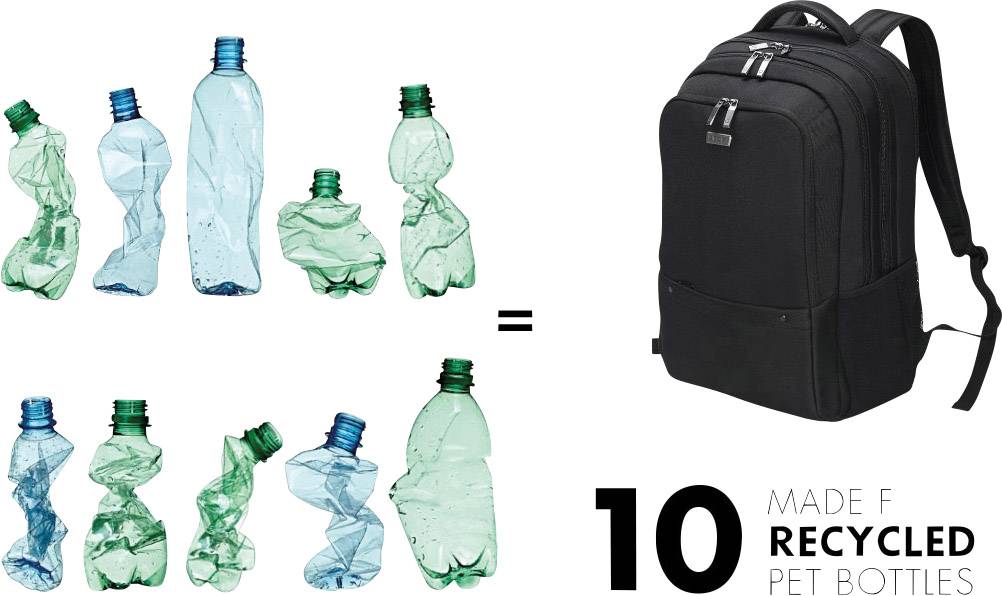 Plecak wykonany z 10 recyklingowanych butelek PET. Pokazuje zgniecione plastikowe butelki obok plecaka dla zobrazowania procesu.