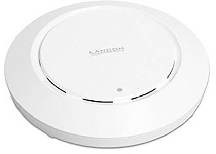 Biały, okrągły router Wi-Fi na białym tle z centralnym logo i diodą LED wskazującą stan połączenia sieciowego.