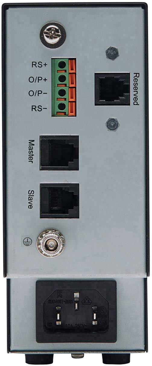 Szare urządzenie elektroniczne z wieloma portami: RS+, RS-, O/P+, O/P-, dwoma złączami Ethernet oraz gniazdem zasilania u dołu.