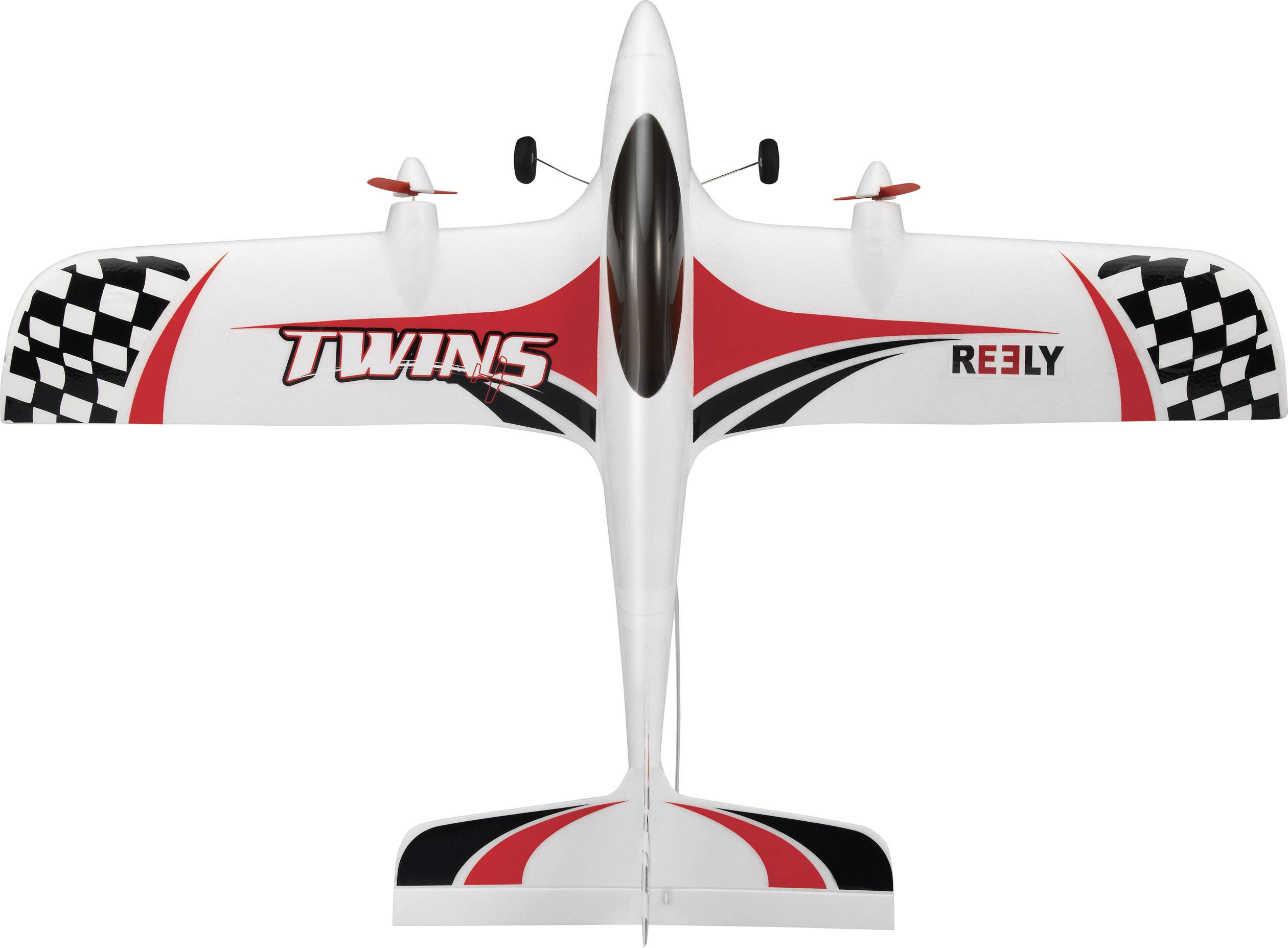Zdalnie sterowany model samolotu w kolorze białym z czerwonymi i czarnymi wzorami, z napisem 'TWINS' na skrzydłach. Widok z góry.