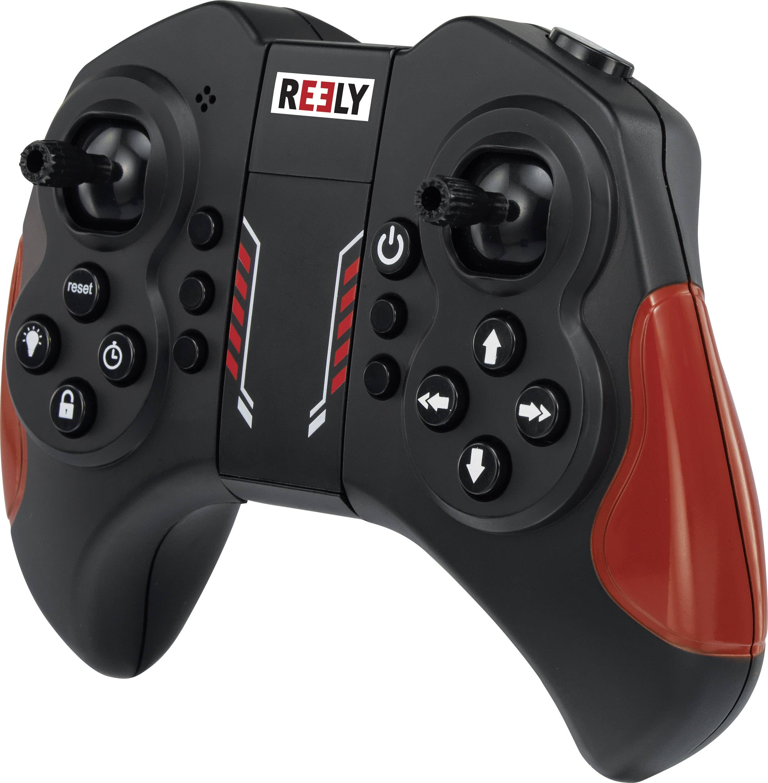 Czarna pilot zdalnego sterowania z czerwonymi akcentami, wyposażony w kilka przycisków do kontrolowania zabawek lub dronów.