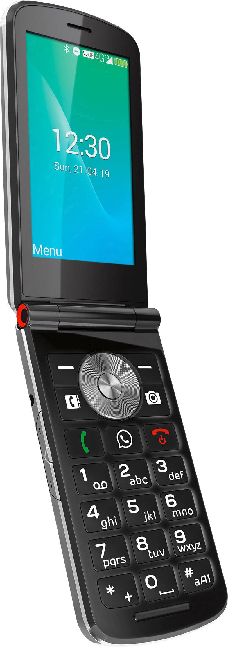 Czarny telefon komórkowy z klapką, wyposażony w duży wyświetlacz i klawiaturę. Na ekranie widnieje godzina '12:30'.