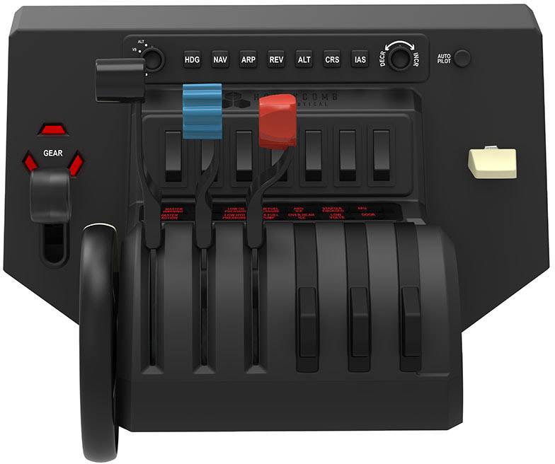 Regulator ciągu silnika z dźwigniami do kontroli mocy, śmigła i mieszanki. Widoczne przyciski autopilota i dźwignia podwozia.
