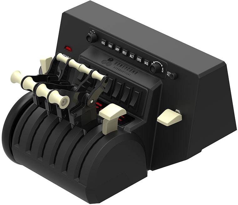 Czarny elektroniczny sterownik z wieloma dźwigniami i przełącznikami, przypominający kokpit samolotu z funkcjami sterowania.