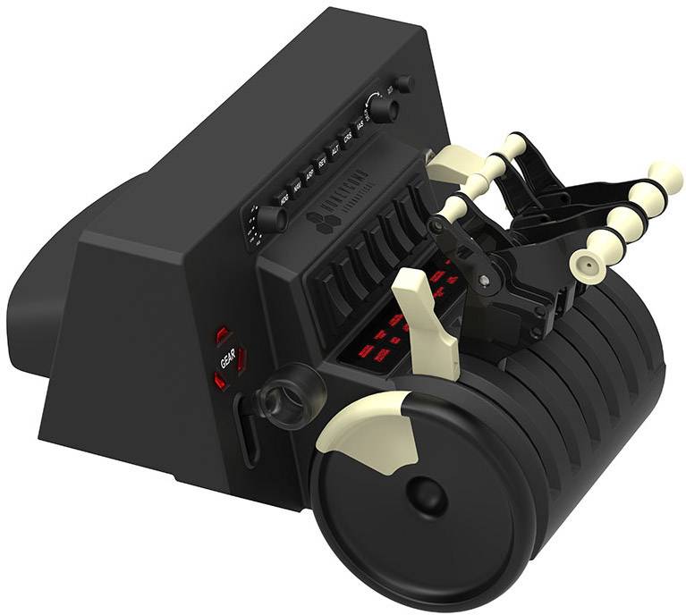 Nowoczesny kontroler wyboru dźwięku z wieloma dźwigniami i przyciskami na czarnej podstawie, używany w produkcji audio lub muzycznej.