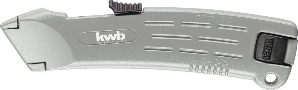 Srebrny scyzoryk uniwersalny z bezpiecznym uchwytem i zaokrągloną klingą; dźwignia do wymiany ostrza widoczna.