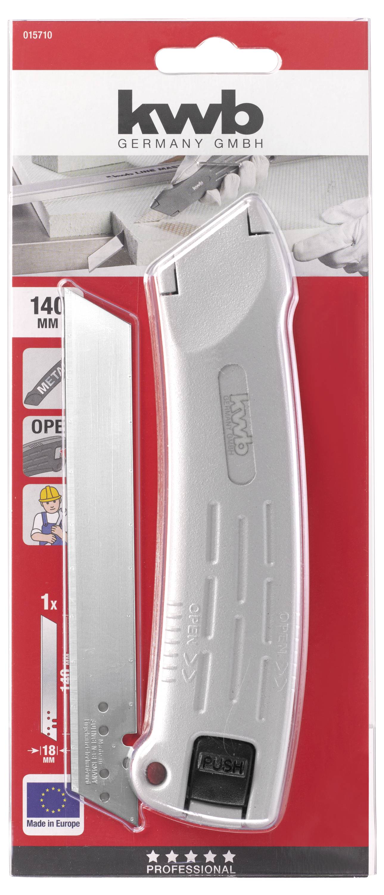 Opakowanie srebrnego noża uniwersalnego marki kwb z ostrzem bezpiecznym i ergonomicznym uchwytem, przeznaczonego do precyzyjnych prac cięcia.