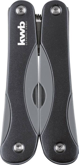 Czarne i szare wielofunkcyjne narzędzie z zamkniętą obudową, na którego przedniej stronie widnieje logo 'kwb GERMANY DESIGN'.