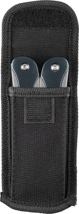 Czarne etui z tkaniny z dwoma widocznymi uchwytami narzędzi lub noży, wyglądającymi zza górnego otworu.