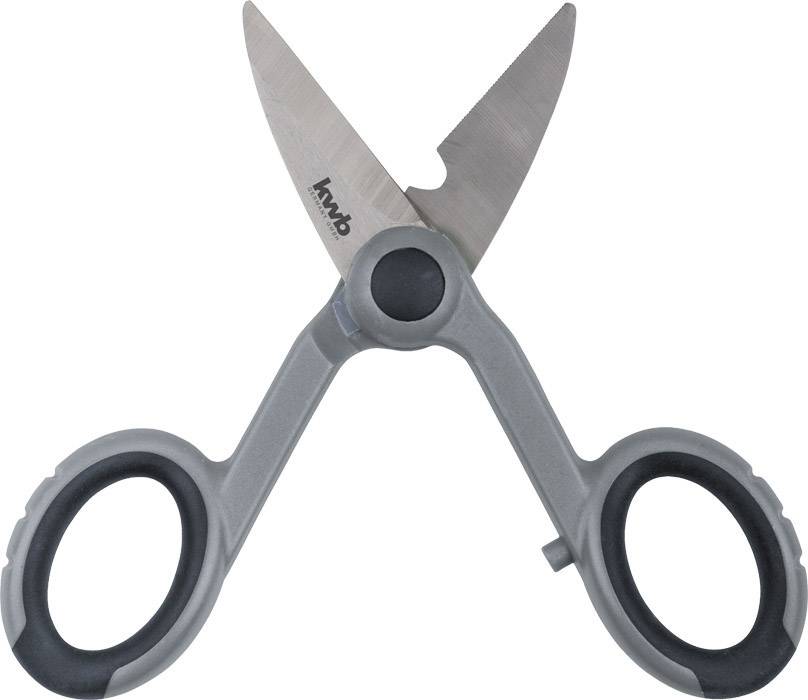 Szare, otwarte nożyczki z czarnymi uchwytami na białym tle.