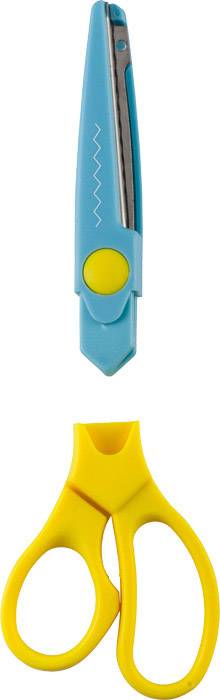 Dwie nożyczki: Na górze niebieskie nożyczki z ostrzem o wzorze zygzakowatym, na dole żółte nożyczki z uchwytem z tworzywa sztucznego.