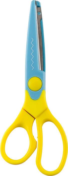 Kolorowe nożyczki do majsterkowania z żółtymi uchwytami i niebieskim ostrzem, idealne do kreatywnego wycinania, przeznaczone dla dzieci.