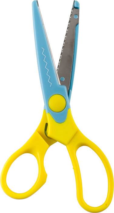 Kolorowe nożyczki dziecięce z uchwytem w kolorach niebieskim i żółtym oraz ząbkowaną krawędzią tnącą.